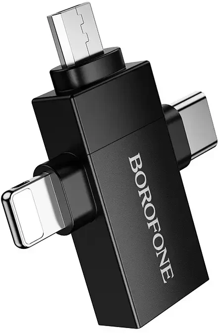 Borofone Adapteris BV26D – USB to Lightning/Type C/Micro USB – juodos spalvos