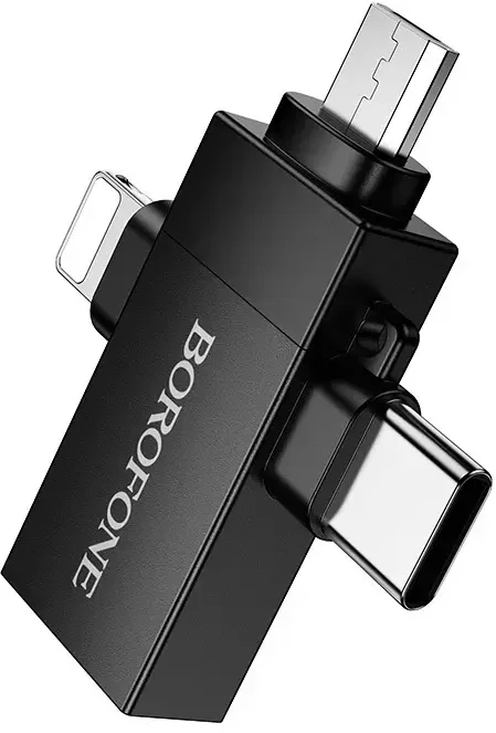 Borofone Adapteris BV26D – USB to Lightning/Type C/Micro USB – juodos spalvos