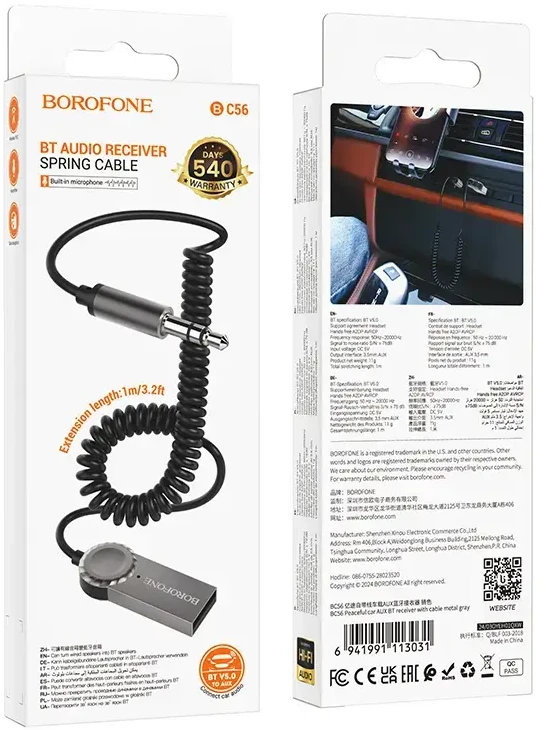 „Borofone BC56“ garso „Bluetooth“ imtuvas su AUX funkcija ir ramiu pilku