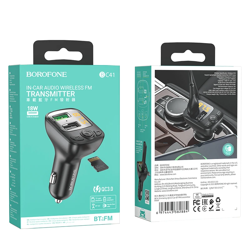 Oem Borofone BC41 Bluetooth MP3 grotuvas/FM bangų moduliatorius (laisvų rankų įranga, Micro SD, QC3.0 USB-A, USB-A 5V/1A)