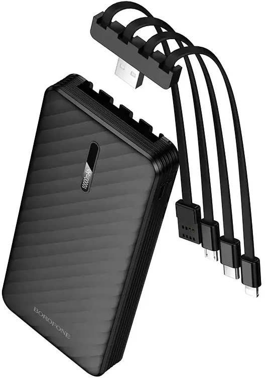 „Borofone“ išorinė baterija 10000mAh BJ84 Smooth – USB – su USB, C tipo, „Lightning“ ir „Micro USB“ laidais, juodos spalvos