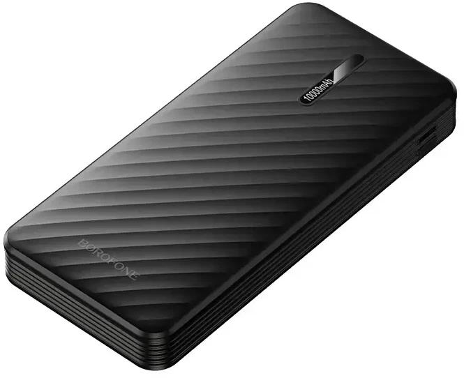 „Borofone“ išorinė baterija 10000mAh BJ84 Smooth – USB – su USB, C tipo, „Lightning“ ir „Micro USB“ laidais, juodos spalvos