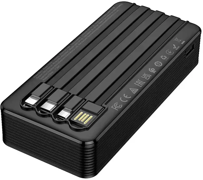 „Borofone“ išorinė baterija 20000mAh BJ84A Smooth – USB – su USB, C tipo, „Lightning“ ir „Micro USB“ laidais, juodos spalvos