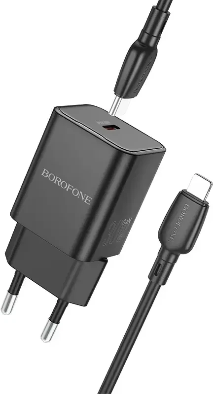 Borofone Laidinis įkroviklis BN13 Safety GaN – Type C – PD 30W su Type C į Lightning kabeliu juodos spalvos