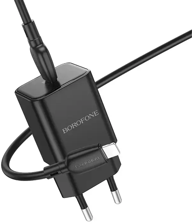 Borofone Laidinis įkroviklis BN13 Safety GaN – Type C – PD 30W su Type C į Lightning kabeliu juodos spalvos