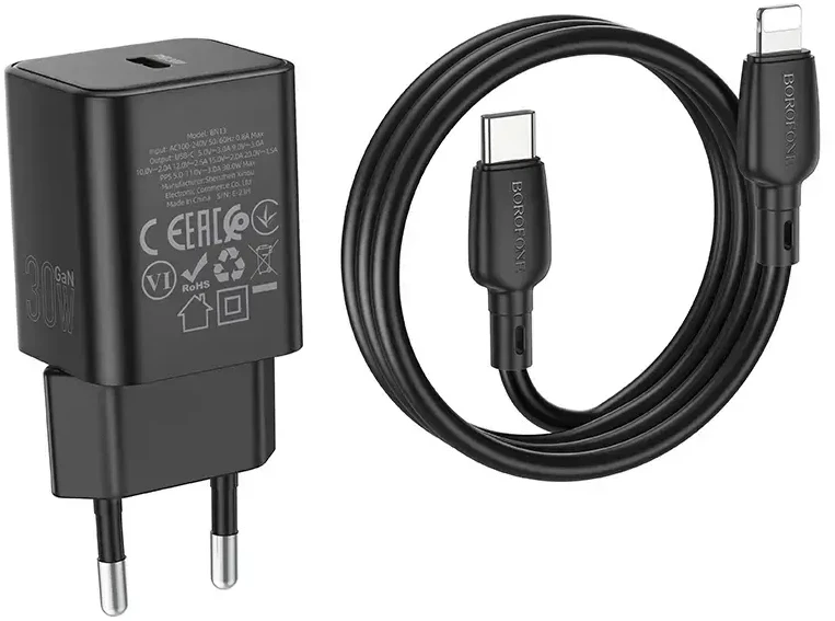 Borofone Laidinis įkroviklis BN13 Safety GaN – Type C – PD 30W su Type C į Lightning kabeliu juodos spalvos