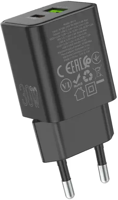 Borofone Laidinis įkroviklis BN14 Royal GaN – USB + Type C – QC 3.0 PD 30W juodos spalvos