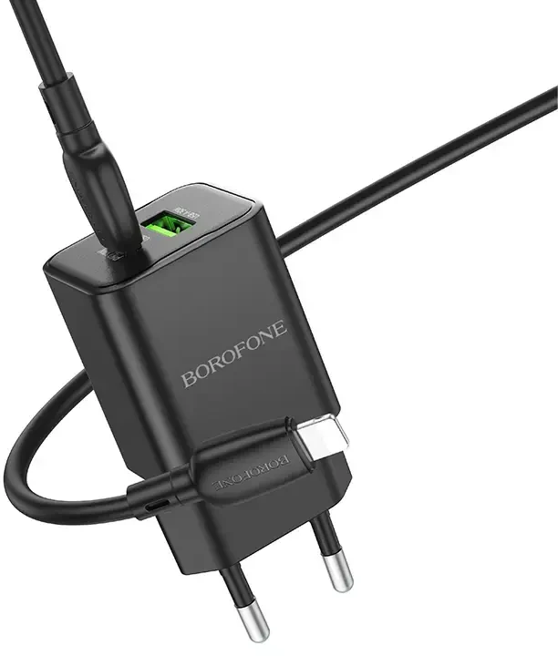Oem Borofone laidinis įkroviklis BN14 Royal GaN – USB + Type C – QC 3.0 PD 30W su Type C į Lightning kabeliu, juodos spalvos