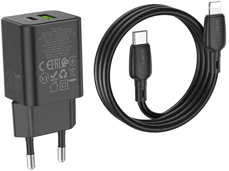 Oem Borofone laidinis įkroviklis BN14 Royal GaN – USB + Type C – QC 3.0 PD 30W su Type C į Lightning kabeliu, juodos spalvos