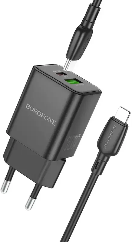 Oem Borofone laidinis įkroviklis BN14 Royal GaN – USB + Type C – QC 3.0 PD 30W su Type C į Lightning kabeliu, juodos spalvos
