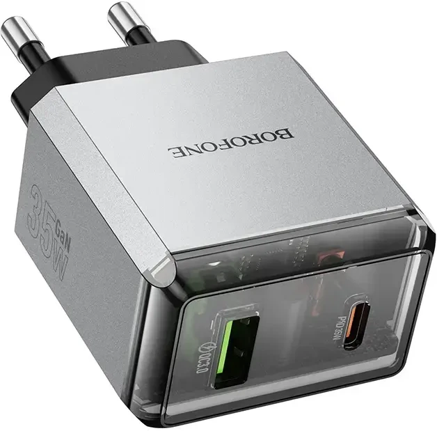 Borofone Laidinis įkroviklis BN20 Lena – USB + Type C – PD 35W pilkos spalvos