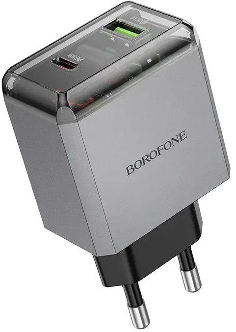 Borofone Laidinis įkroviklis BN20 Lena – USB + Type C – PD 35W pilkos spalvos