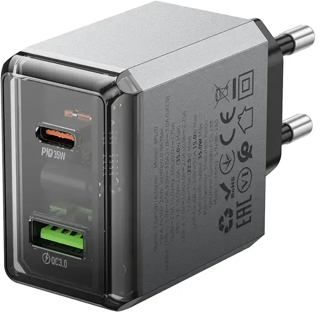 Borofone Laidinis įkroviklis BN20 Lena – USB + Type C – PD 35W pilkos spalvos