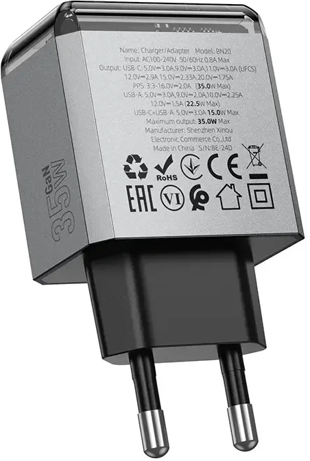 Borofone Laidinis įkroviklis BN20 Lena – USB + Type C – PD 35W pilkos spalvos