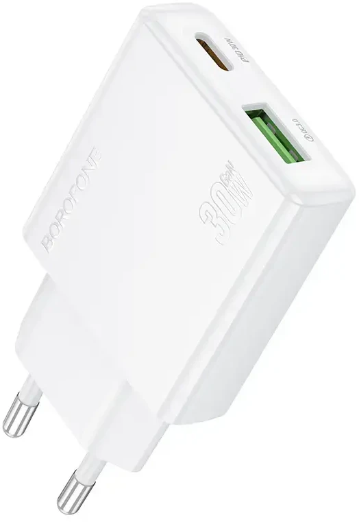 Borofone Laidinis įkroviklis BN25 Wish (Ultra Thin) – USB + Type C – PD QC 3.0 30W baltos spalvos