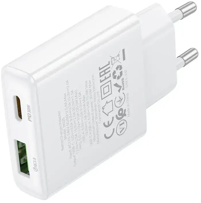 Borofone Laidinis įkroviklis BN25 Wish (Ultra Thin) – USB + Type C – PD QC 3.0 30W baltos spalvos