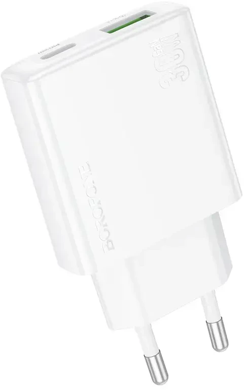 Borofone Laidinis įkroviklis BN25 Wish (Ultra Thin) – USB + Type C – PD QC 3.0 30W baltos spalvos