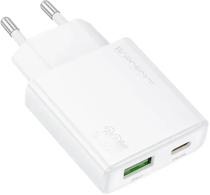 Borofone Laidinis įkroviklis BN25 Wish (Ultra Thin) – USB + Type C – PD QC 3.0 30W baltos spalvos