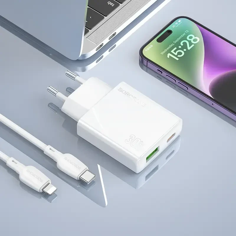 Borofone Laidinis įkroviklis BN25 Wish (Ultra Thin) – USB + Type C – PD QC 3.0 30W baltos spalvos