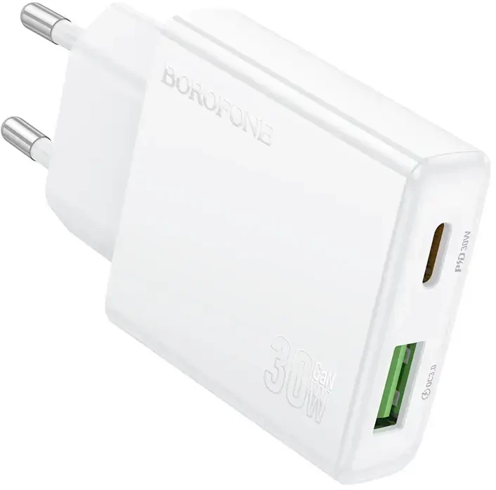 Borofone Laidinis įkroviklis BN25 Wish (Ultra Thin) – USB + Type C – PD QC 3.0 30W baltos spalvos