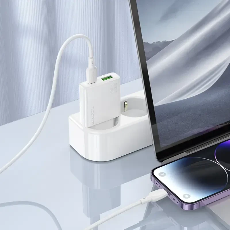 Borofone Laidinis įkroviklis BN25 Wish (Ultra Thin) – USB + Type C – PD QC 3.0 30W baltos spalvos