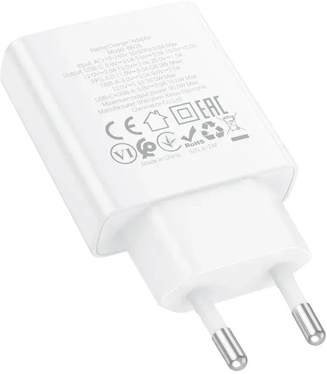 Borofone Laidinis įkroviklis BN25 Wish (Ultra Thin) – USB + Type C – PD QC 3.0 30W baltos spalvos