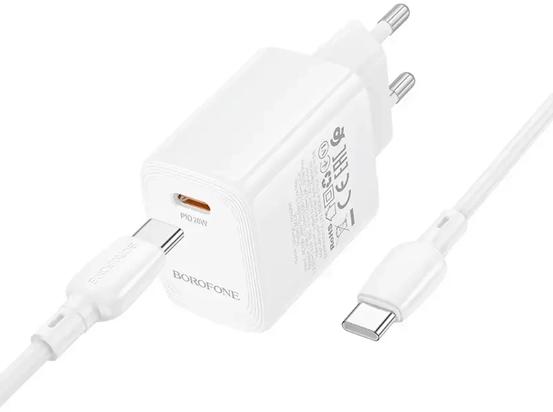 Borofone laidinis įkroviklis BN26 Fuente – Type C – PD 20W su Type C į Type C kabeliu baltos spalvos
