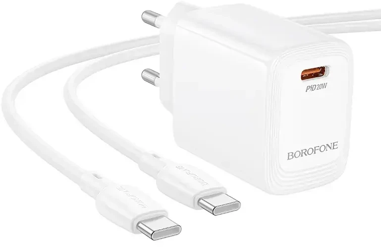 Borofone laidinis įkroviklis BN26 Fuente – Type C – PD 20W su Type C į Type C kabeliu baltos spalvos