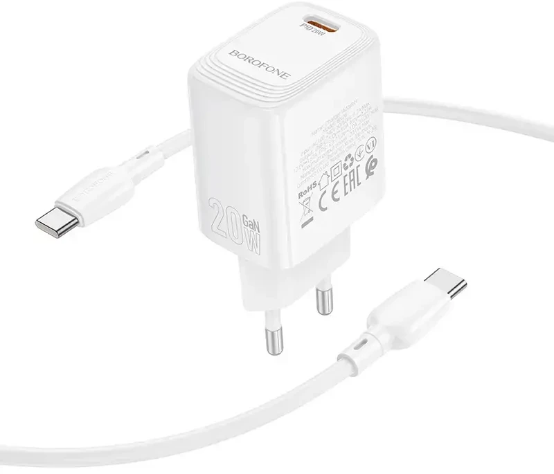 Borofone laidinis įkroviklis BN26 Fuente – Type C – PD 20W su Type C į Type C kabeliu baltos spalvos