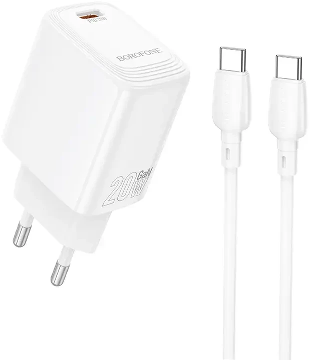 Borofone laidinis įkroviklis BN26 Fuente – Type C – PD 20W su Type C į Type C kabeliu baltos spalvos