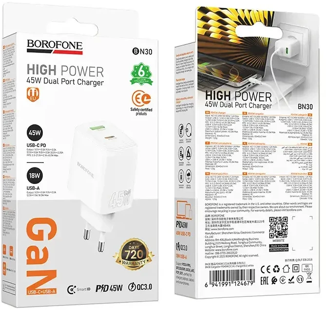 „Borofone“ sieninis įkroviklis BN30, GaN įkroviklis – USB + C tipo – QC 3.0 PD 45W, baltas