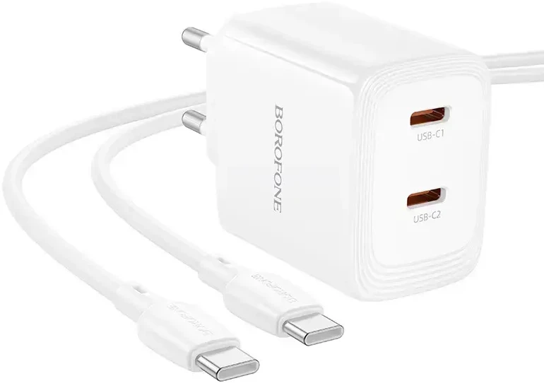 Borofone kelioninis įkroviklis BN31 Cargador GaN – 2xType C – QC 3.0 PD 45W with Type C to Type C cable baltos spalvos