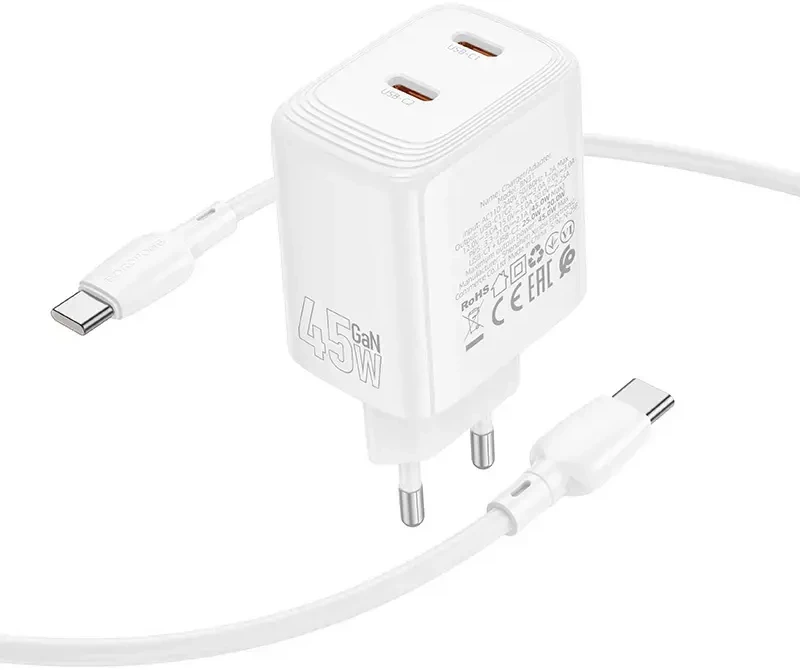 Borofone kelioninis įkroviklis BN31 Cargador GaN – 2xType C – QC 3.0 PD 45W with Type C to Type C cable baltos spalvos
