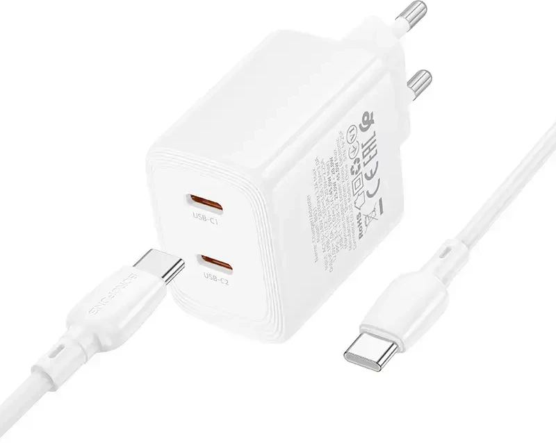 Borofone kelioninis įkroviklis BN31 Cargador GaN – 2xType C – QC 3.0 PD 45W with Type C to Type C cable baltos spalvos
