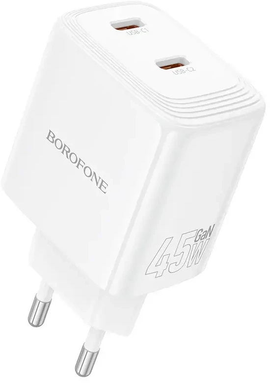 Oem Borofone kelioninis įkroviklis BN31 GaN – 2xType C – QC 3.0 PD 45W baltos spalvos