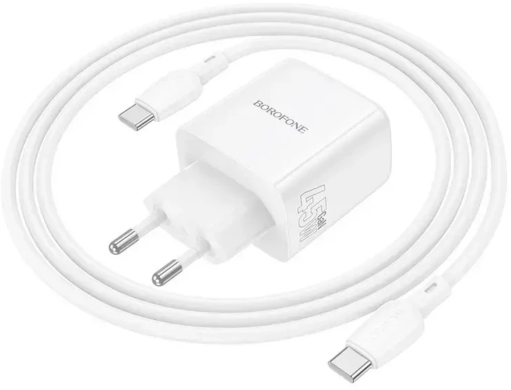 Borofone kelioninis įkroviklis BN31 Cargador GaN – 2xType C – QC 3.0 PD 45W with Type C to Type C cable baltos spalvos