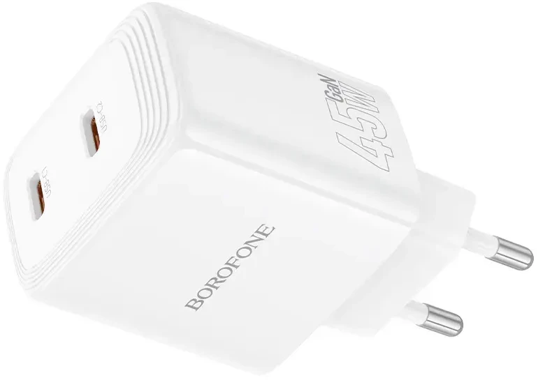 Oem Borofone kelioninis įkroviklis BN31 GaN – 2xType C – QC 3.0 PD 45W baltos spalvos
