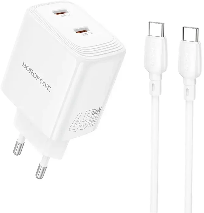 Borofone kelioninis įkroviklis BN31 Cargador GaN – 2xType C – QC 3.0 PD 45W with Type C to Type C cable baltos spalvos