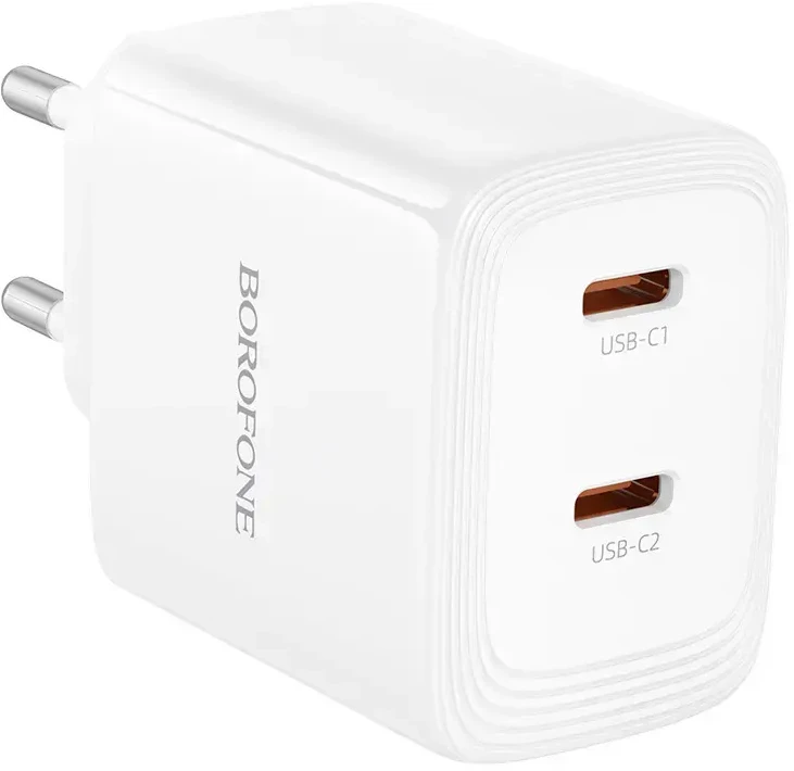 Oem Borofone kelioninis įkroviklis BN31 GaN – 2xType C – QC 3.0 PD 45W baltos spalvos