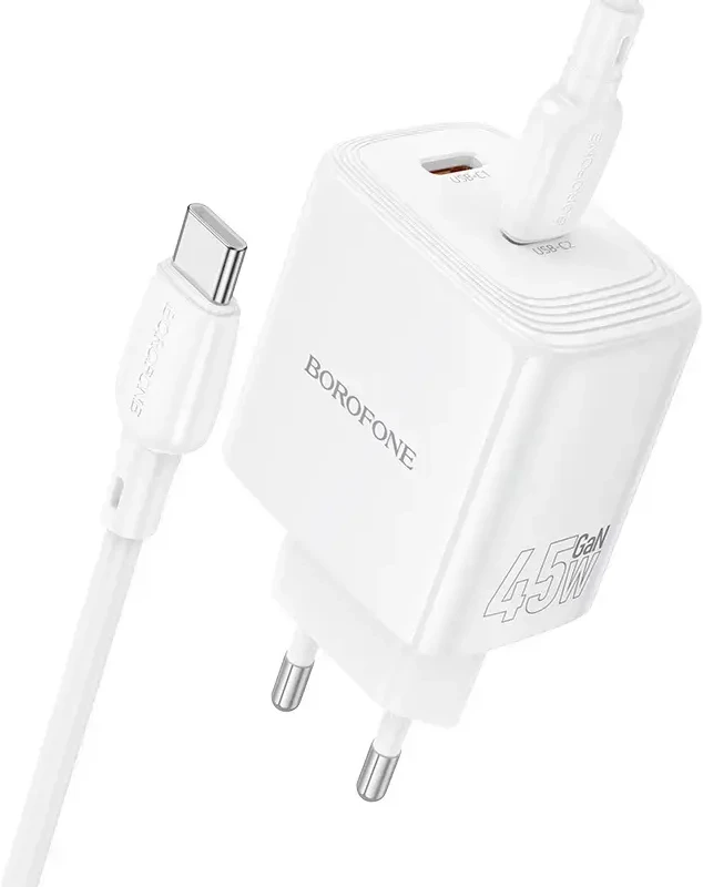 Borofone kelioninis įkroviklis BN31 Cargador GaN – 2xType C – QC 3.0 PD 45W with Type C to Type C cable baltos spalvos
