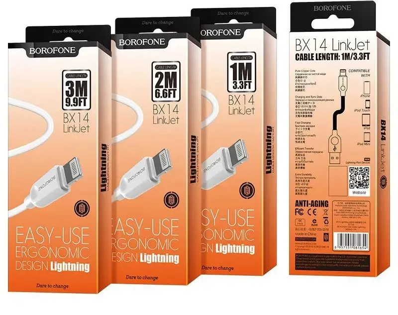 Borofone kabelis BX14 LinkJet – USB į Lightning – 2,4A 3 metras baltos spalvos