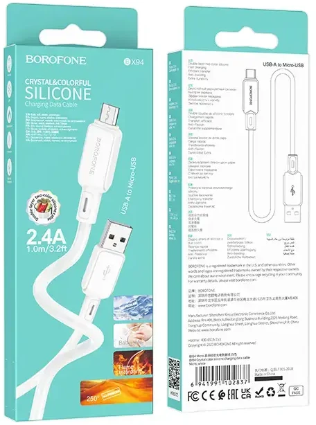 Borofone Kabelis BX94 Crystal color – USB į Micro USB – 2,4A 1 metras baltos spalvos