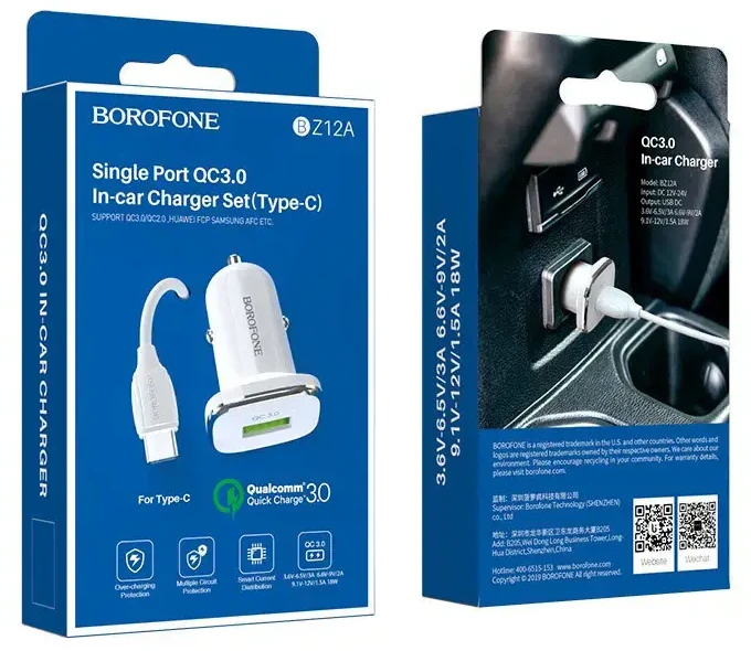Automobilinis įkroviklis Borofone BZ12A Quick Charge 3.0 (3.0A) baltas