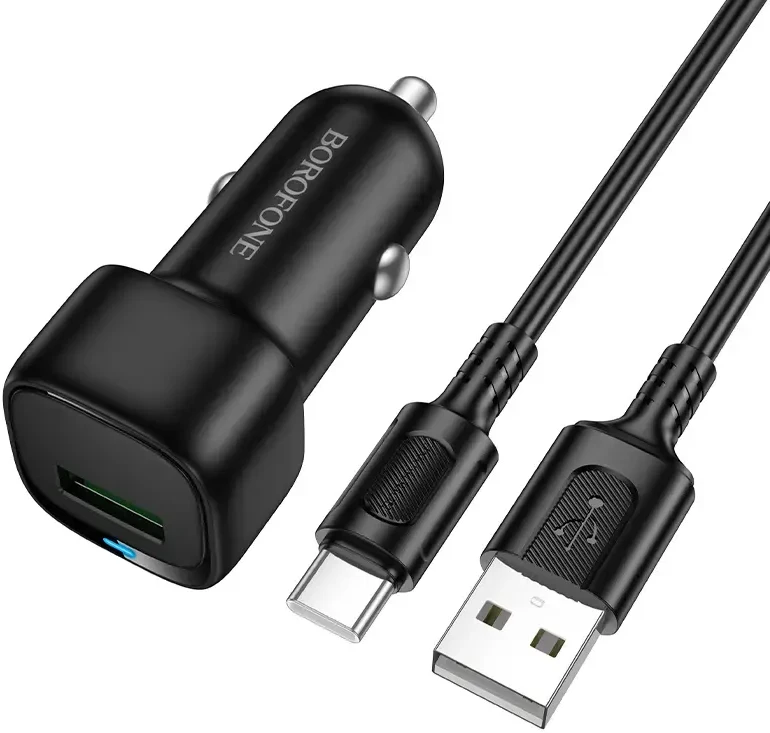 Borofone automobilinis įkroviklis BZ34 Cloud - USB - QC 3.0 18W su kablem USB į Typ C juodos spalvos