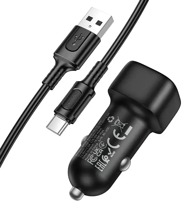Borofone automobilinis įkroviklis BZ34 Cloud - USB - QC 3.0 18W su kablem USB į Typ C juodos spalvos