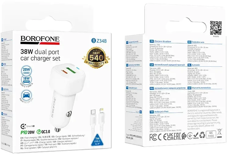 „Borofone“ automobilinis įkroviklis BZ34B Cloud – USB + C tipo – QC 3.0 PD 38W su C tipo į „Lightning“ laidu, baltas