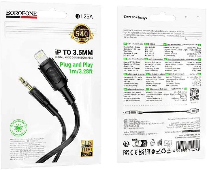 Borofone Cable AUX BL25 Nice – Lightning to jack 3,5mm – 1 metre juodos spalvos