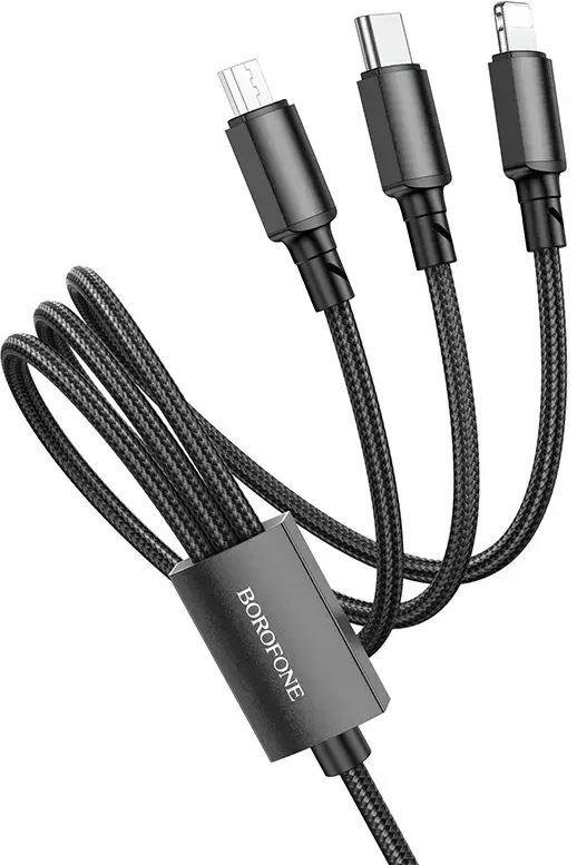 Borofone BX72 laidas 3 in 1 - USB į Type C, Micro USB, Lightning - 2A 1 metras juodos spalvos