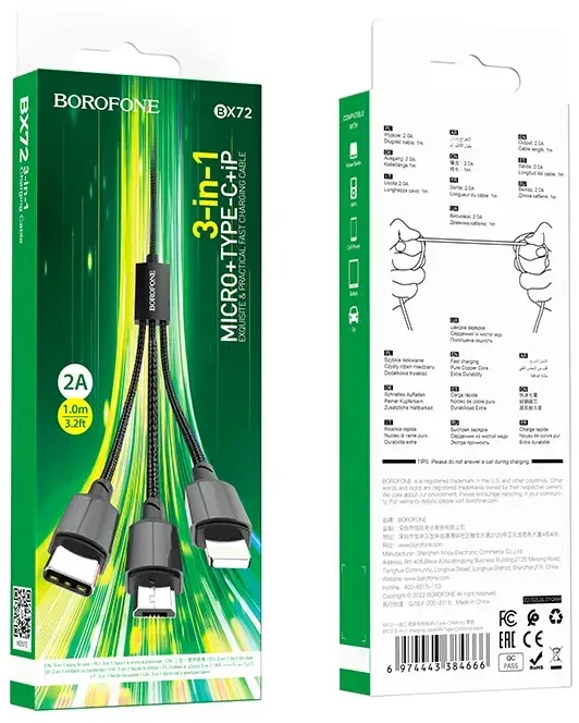 Borofone BX72 laidas 3 in 1 - USB į Type C, Micro USB, Lightning - 2A 1 metras juodos spalvos