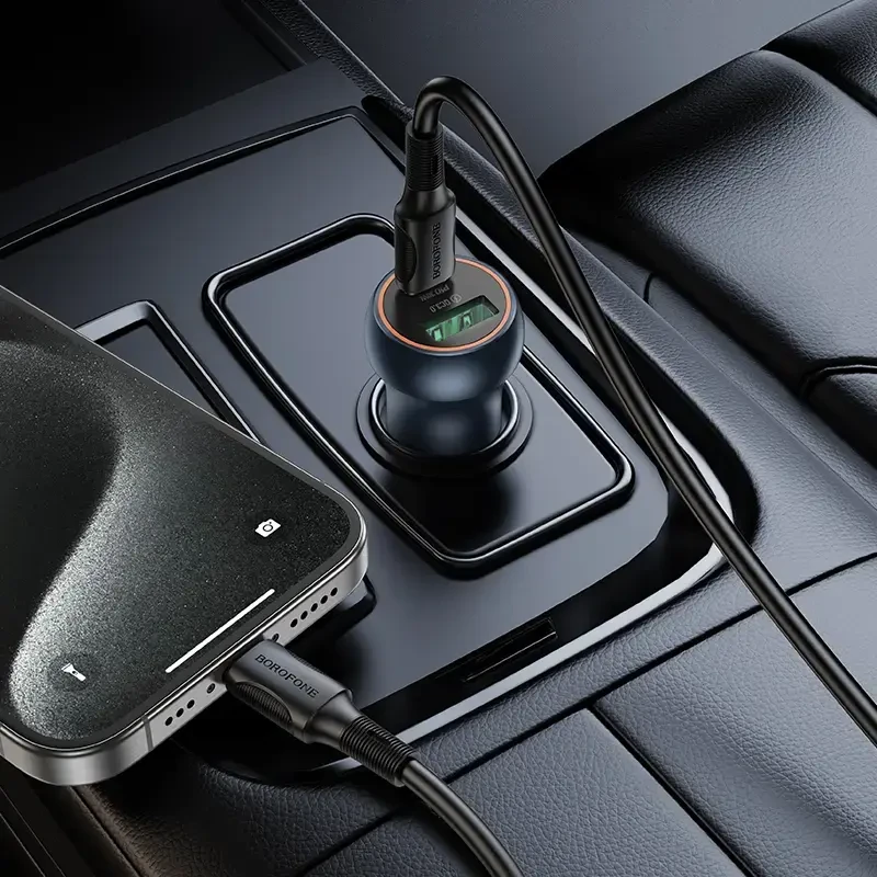 „Borofone“ automobilinis įkroviklis BZ32B Fresh – USB + C tipo – QC 3.0 PD 48W pilkas